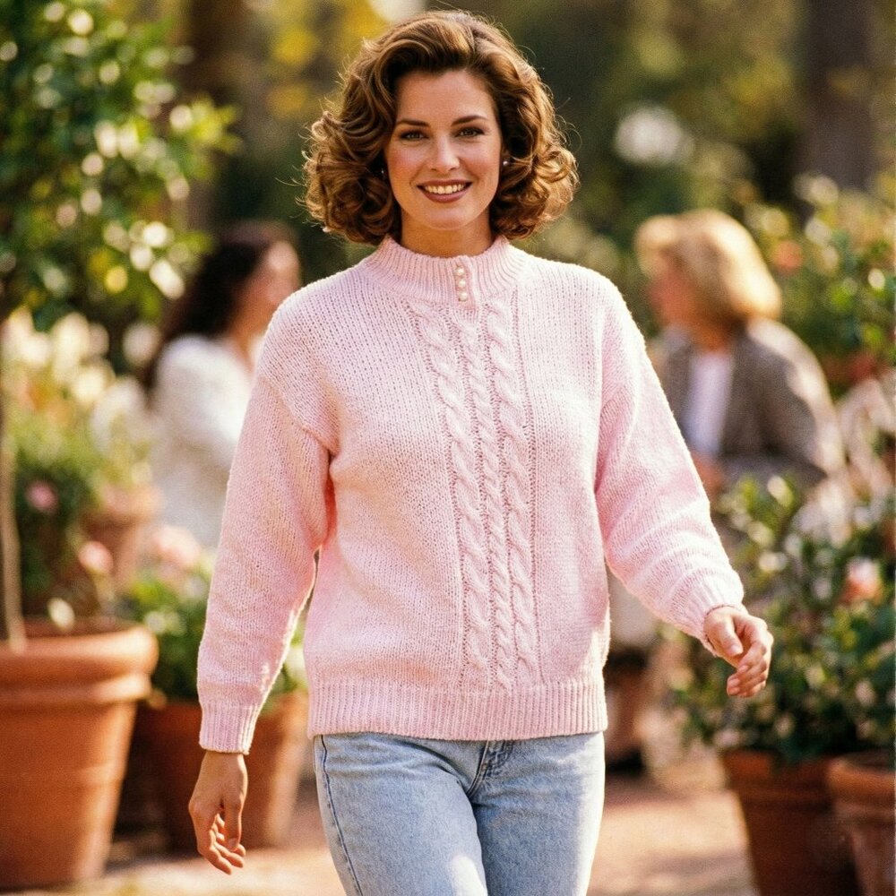 Sterling Harris Womens Medium Pink Cable Knit Sweater Retro Preppy Vintage 80s